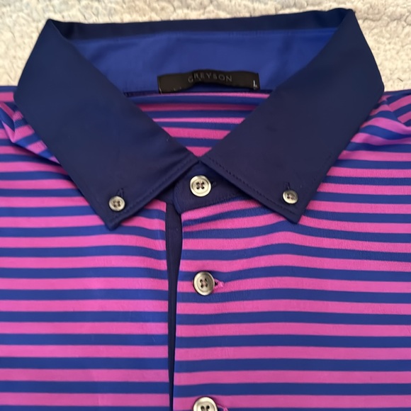 Greyson Golf Polo Size Large Purple/Blue Stripes - Picture 2 of 5